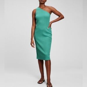 Gap One Shoulder Ribbed Dress XS Green Midi Fitted Stretch Minimalist Resort